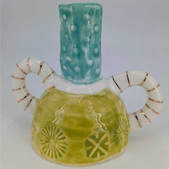 Artisan Stoneware Taper Candle Holders Dual Handles Whimsical Teal Lime Gold Set - Picture 2 of 12